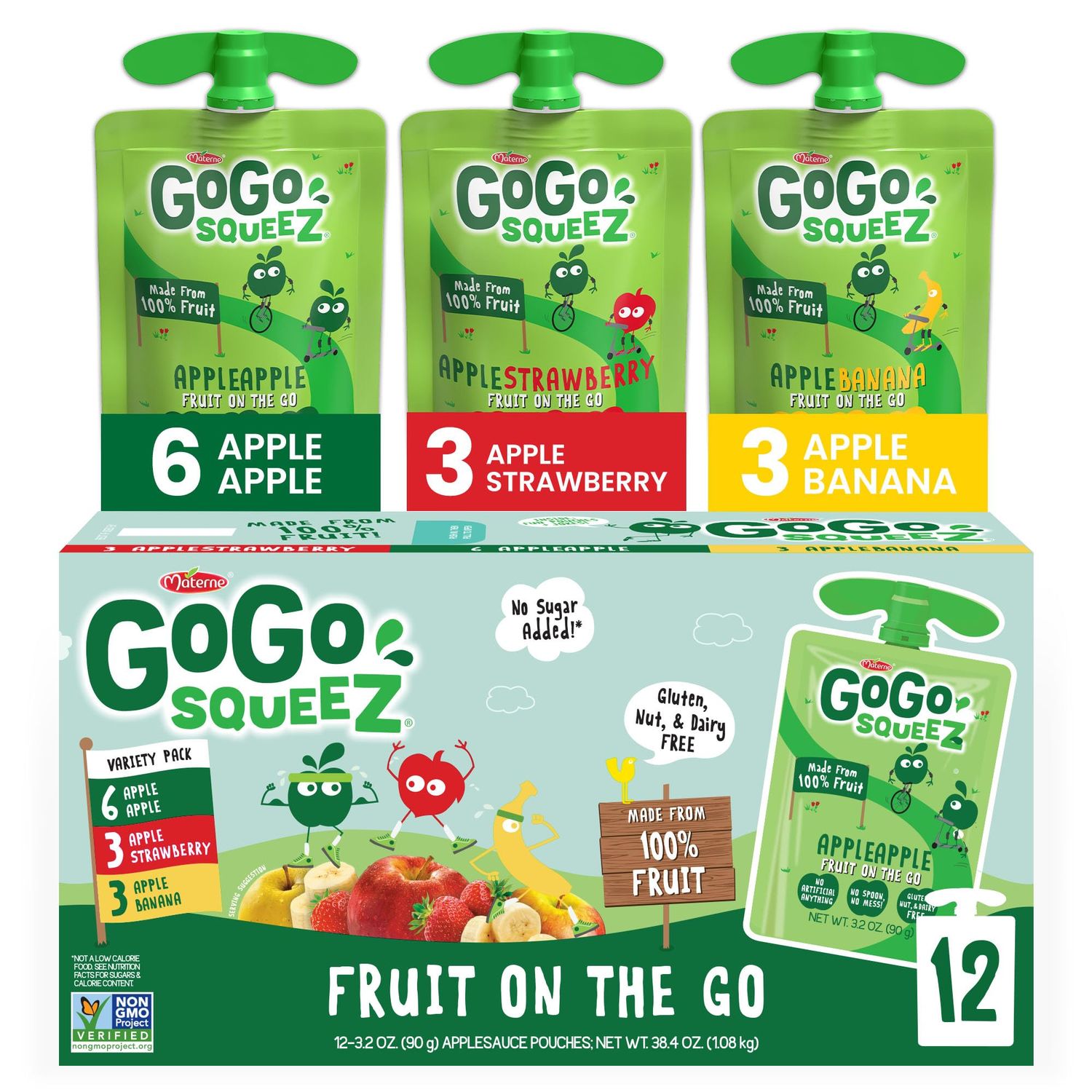 GoGo squeeZ Applesauce and Fruit Puree Variety Pack, Apple, Banana &amp; Strawberry, 3.2 oz (Pack of 12), Unsweetened Fruit Snacks for Kids, Gluten Free, Nut Free and Dairy Free, BPA Free Pouches