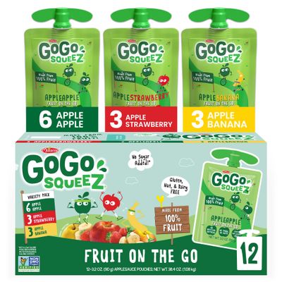 GoGo squeeZ Applesauce and Fruit Puree Variety Pack, Apple, Banana &amp; Strawberry, 3.2 oz (Pack of 12), Unsweetened Fruit Snacks for Kids, Gluten Free, Nut Free and Dairy Free, BPA Free Pouches