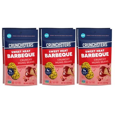 Crunchsters Crunchy Sprouted Mung Beans, Plant-Based Protein Super-Snack and Salad Topper, Gluten-Free, Nut-Free, Vegan, 6g Protein/Serving, 4oz. Bags (6 Pack, BBQ)