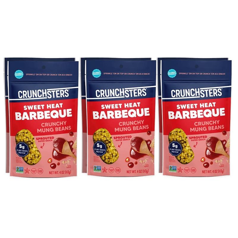 Crunchsters Crunchy Sprouted Mung Beans, Plant-Based Protein Super-Snack and Salad Topper, Gluten-Free, Nut-Free, Vegan, 6g Protein/Serving, 4oz. Bags (6 Pack, BBQ)