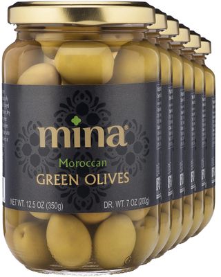 Mina Green Olives, 12.5 oz (Pack of 6) - Delicious Green Olives, Vegan Snack, Premium Hand Picked Moroccan Olives, Naturally Cured, Gluten Free, Low Carb, Non GMO Keto, Paleo, and Kosher