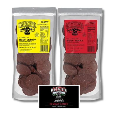 Old Trapper Double Eagle Beef Jerky Gift Set - Teriyaki &amp; Spicy - Variety Pack of 2, 21 Oz. Bags (80 Pieces Per Bag) with Bonus Old Trapper Magnet by Lyza&#39;s Sweets &amp; Treats