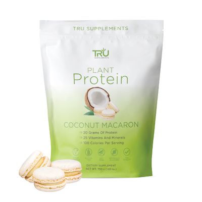 TRU Supplements Plant Based Protein Powder, BCAA, EAA, 20g Vegan Protein, 100 Calories, 27 Vitamins, No Artificial Flavors 25 Servings (Coconut Macaron)
