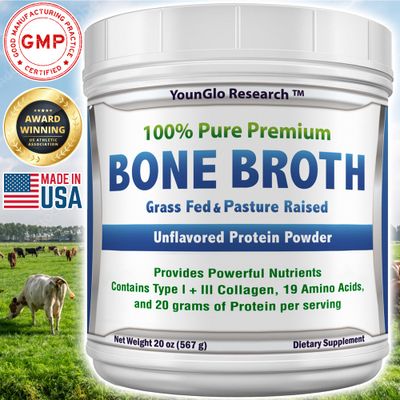 YounGlo Research Bone Broth Beef Protein Powder 20 oz, High Collagen & Gelatin from Grass Fed Bovine, Delicious Marrow Benefits for Soups & Sipping Broths, Unflavored Animal Based Keto Concentrate