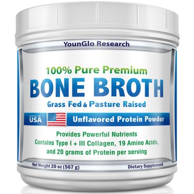 YounGlo Research Bone Broth Beef Protein Powder 20 oz, High Collagen &amp; Gelatin from Grass Fed Bovine, Delicious Marrow Benefits for Soups &amp; Sipping Broths, Unflavored Animal Based Keto Concentrate