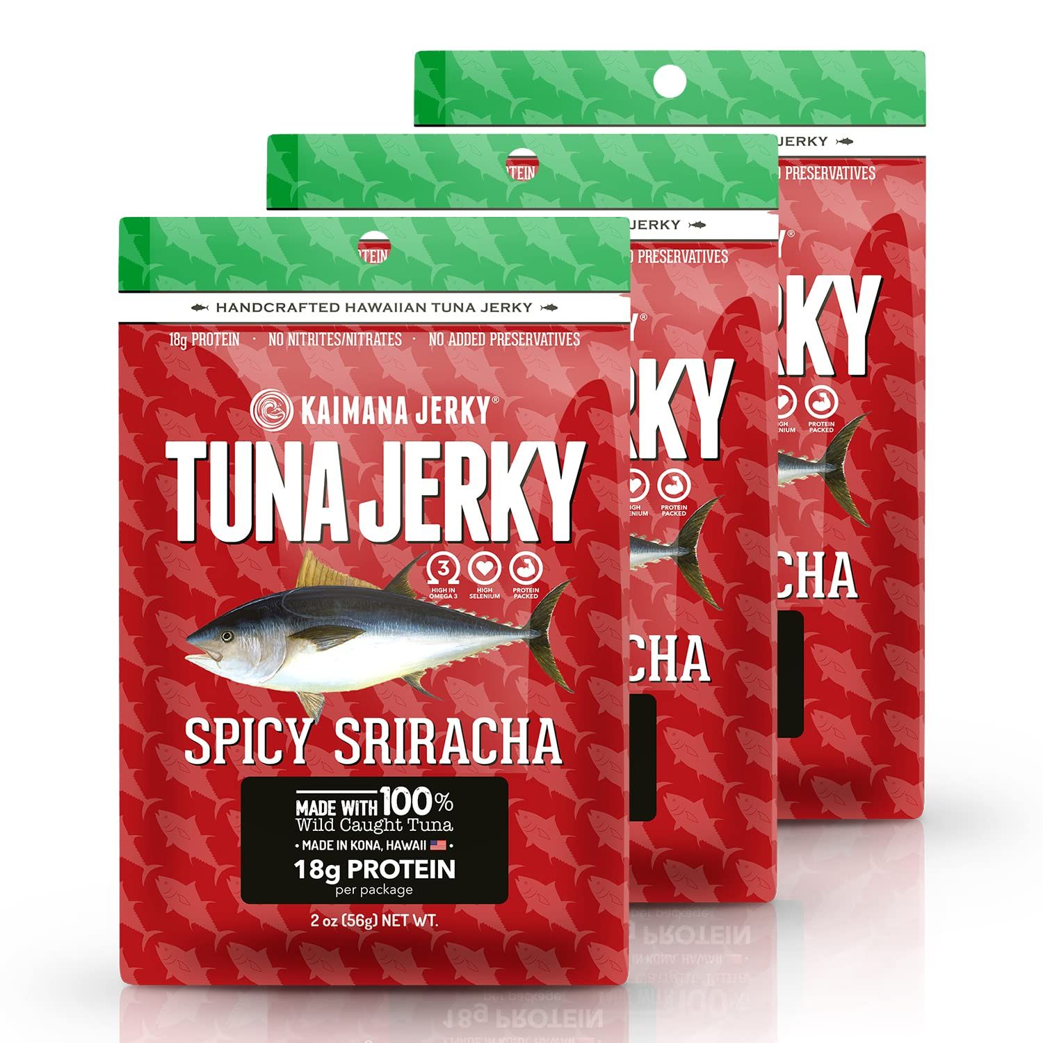 Sriracha Tuna Jerky - Wildly Delicious Yellowfin Ahi Fish Jerky - Made with Americas Original Spicy Sriracha Hot Sauce - 3 Pack