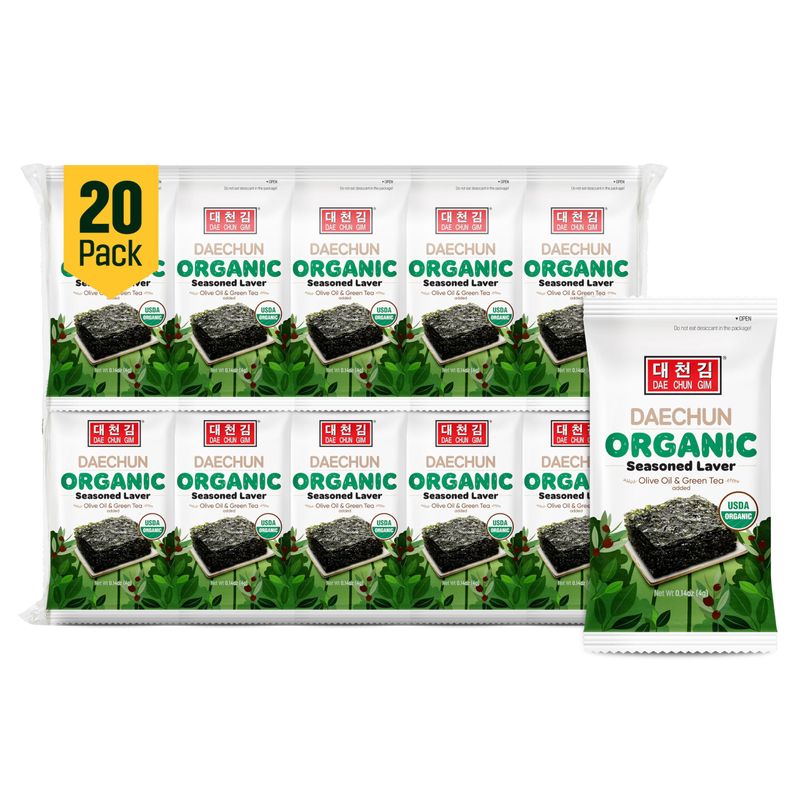 CHOI's 1 Organic Olive Oil &amp; Green Tea Seaweed Snacks /(20 Pack) /Product of Korea/Kimbap, Gimbap, Organic, Organic Olive Oil, Oragnic Sesame Oil, Vegan, Keto, Gluten Free