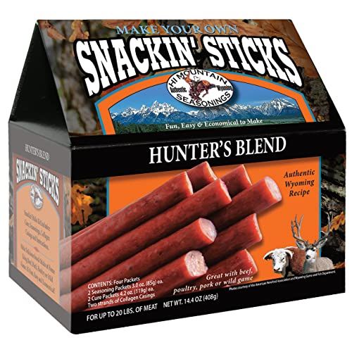 Hi Mountain Seasonings  Snack Stick Seasoning Kit  HUNTERS BLEND  Includes Seasoning, Cure, Casings, &amp; Directions  Seasons up to 20lbs of Meat  Beef, Pork, Venison, Deer, &amp; Wild Game