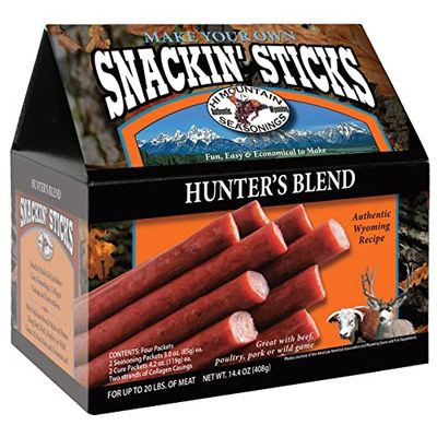 Hi Mountain Seasonings  Snack Stick Seasoning Kit  HUNTERS BLEND  Includes Seasoning, Cure, Casings, &amp; Directions  Seasons up to 20lbs of Meat  Beef, Pork, Venison, Deer, &amp; Wild Game
