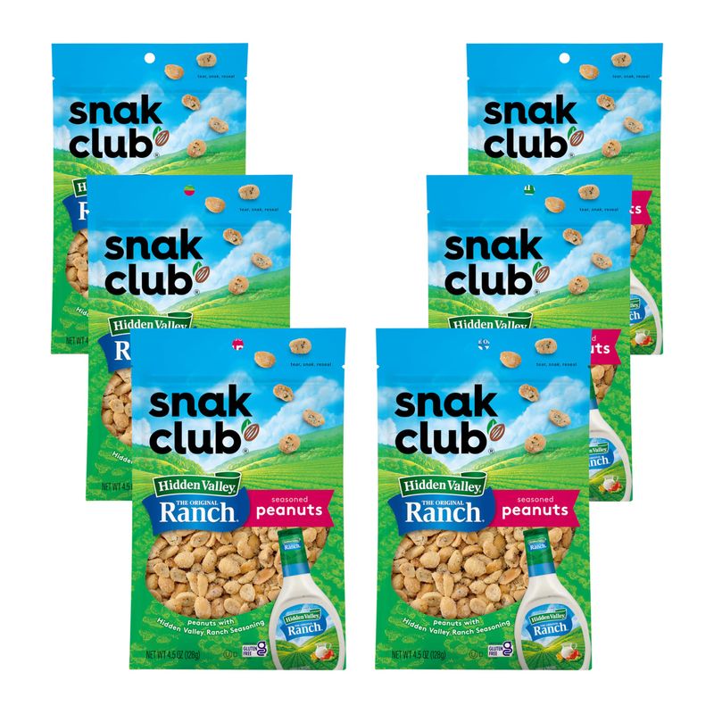 Snak Club Peanuts with Hidden Valley Ranch Seasoning, Roasted Nuts, Gluten-Free and Kosher Snack, 4.5 oz Resealable Bags, 6 Pack
