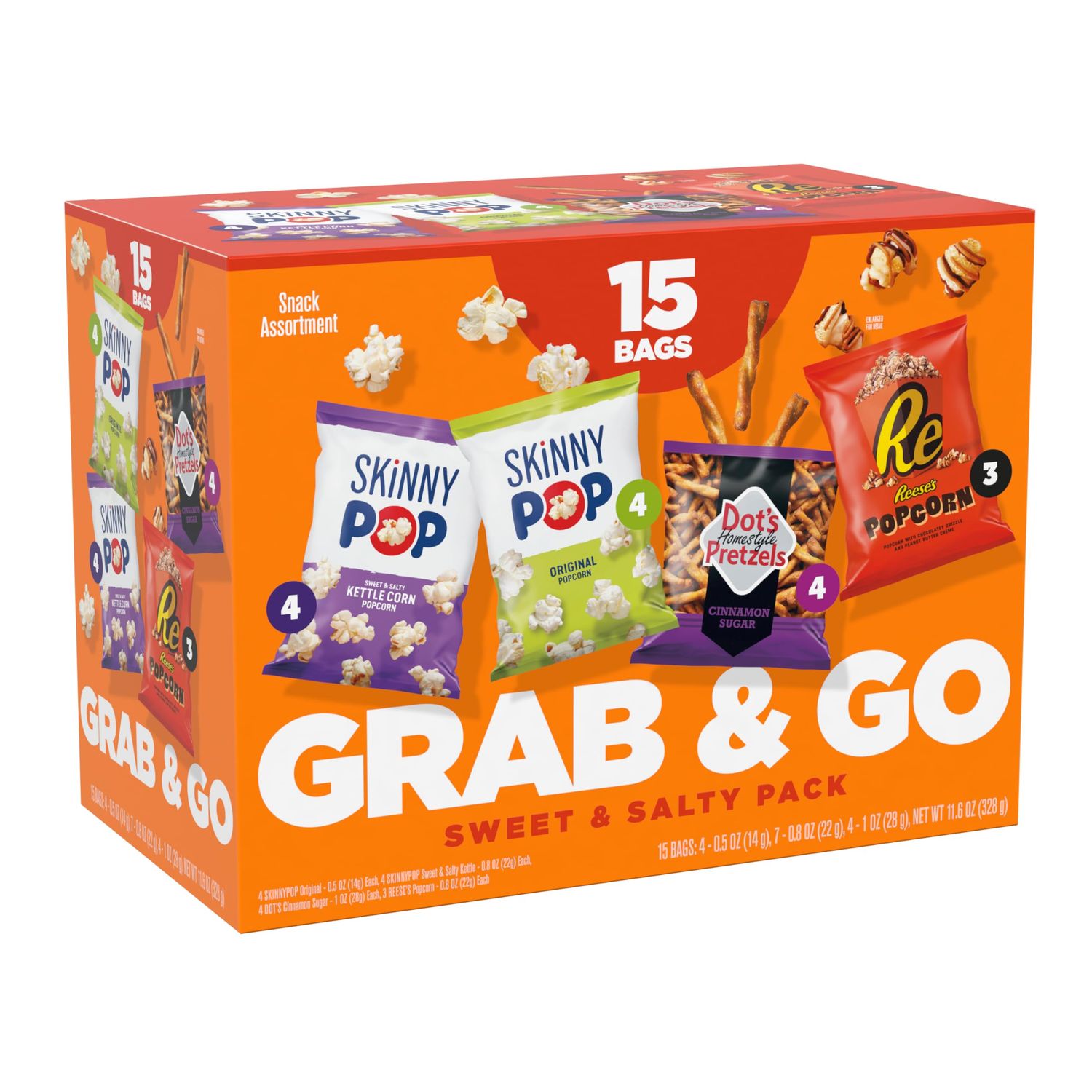 Sweet &amp; Salty Multipack, SkinnyPop Original and Kettle Corn, Dot&#39;s Cinnamon Sugar Pretzels, Reese&#39;s Popcorn, On-the-Go Snacks, Individually Sized Bags, (15 Count)