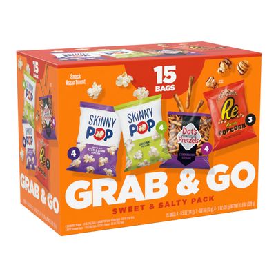 Sweet &amp; Salty Multipack, SkinnyPop Original and Kettle Corn, Dot&#39;s Cinnamon Sugar Pretzels, Reese&#39;s Popcorn, On-the-Go Snacks, Individually Sized Bags, (15 Count)