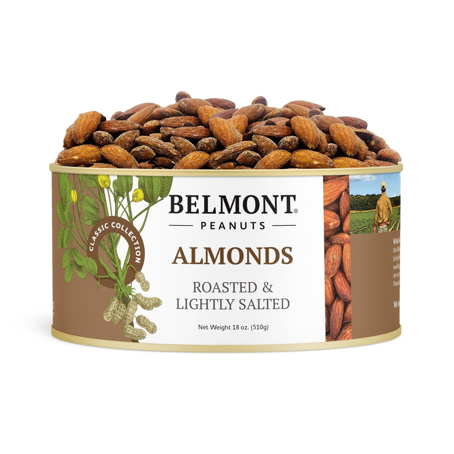 Belmont Peanuts Gourmet Lightly Sea-Salted Almonds, 18 oz (1 Pack) - Only 3 Simple Ingredients, No Preservatives - A Premium, Salty, Crunchy, Hand Seasoned, Nutty Snack