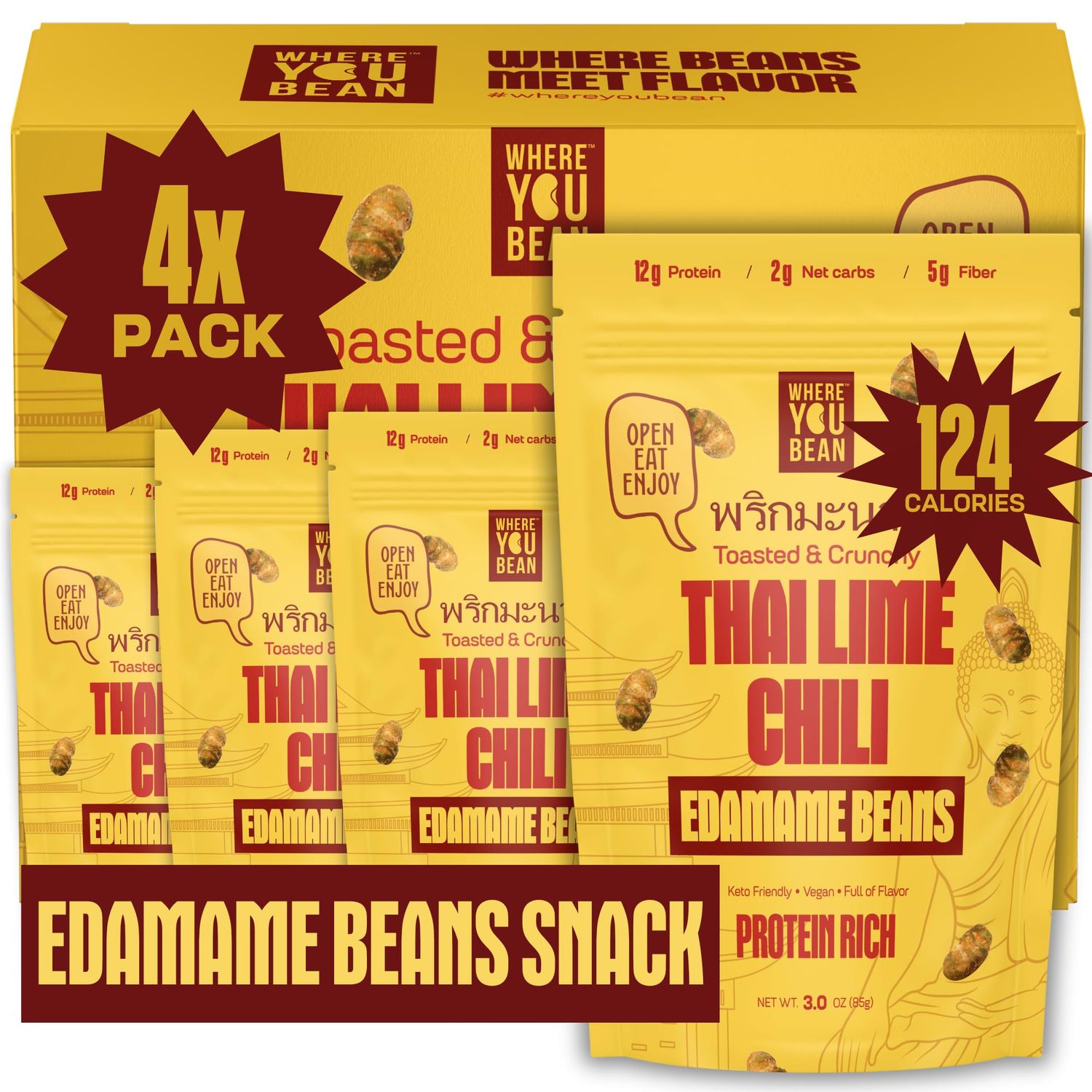 Where You Bean Edamame Beans Snack (Thai Lime Chili) - Crunchy and Dry Roasted Edamame Beans - High Protein Snacks, Keto and Vegan Healthy Snacks for Adults &amp; Low Carb Asian Snack 3oz (Pack of 4)