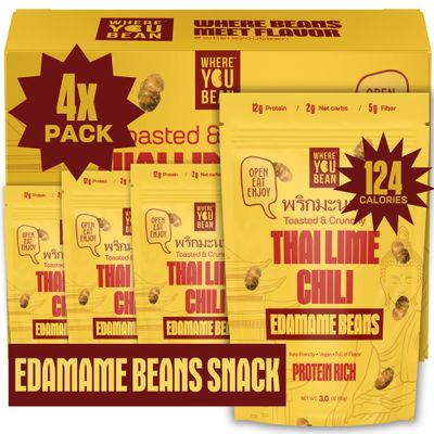 Where You Bean Edamame Beans Snack (Thai Lime Chili) - Crunchy and Dry Roasted Edamame Beans - High Protein Snacks, Keto and Vegan Healthy Snacks for Adults &amp; Low Carb Asian Snack 3oz (Pack of 4)