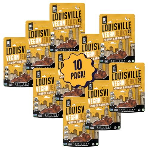 Louisville Vegan Jerky - Sweet &amp; Smoky Carolina Mustard BBQ Vegan Meat - Lip-Smacking Vegan-Friendly &amp; Vegetarian Jerky - Non-GMO Soy Protein, Gluten-Free High Protein Vegan Snacks - 3 oz, 10 Pack