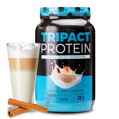 Nutrology TRIPACT Protein Powder, Vanilla Latte &amp; Cinnamon Flavor, 7-in-1 Meal Replacement Shake with Grass Fed Whey Protein Powder, Pea, Rice, Greens, Probiotics &amp; BCAAs, Amino Energy, 40 Servings