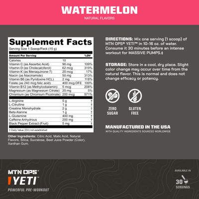 MTN OPS Yeti Trail Packs Pre-Workout Powder Energy Drink with Creatine, 200mg Caffeine &amp; BCAAs with Beta Alanine, 20-Single Servings, Watermelon