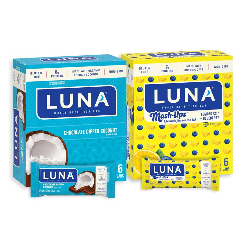 LUNA Bar - Variety Pack - Chocolate Dipped Coconut and LemonZest  Blueberry Mash-Ups Flavor - Snack Bars - Non-GMO - Gluten-Free Protein Bars - Made with Organic Oats (12 Pack, 2 Boxes)
