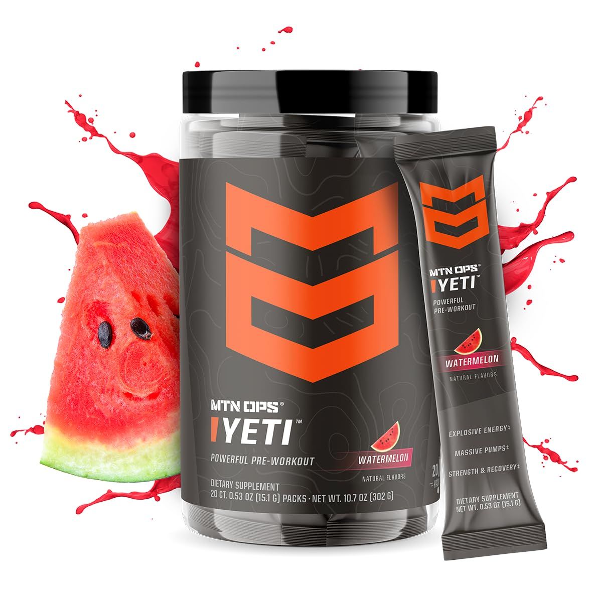 MTN OPS Yeti Trail Packs Pre-Workout Powder Energy Drink with Creatine, 200mg Caffeine &amp; BCAAs with Beta Alanine, 20-Single Servings, Watermelon