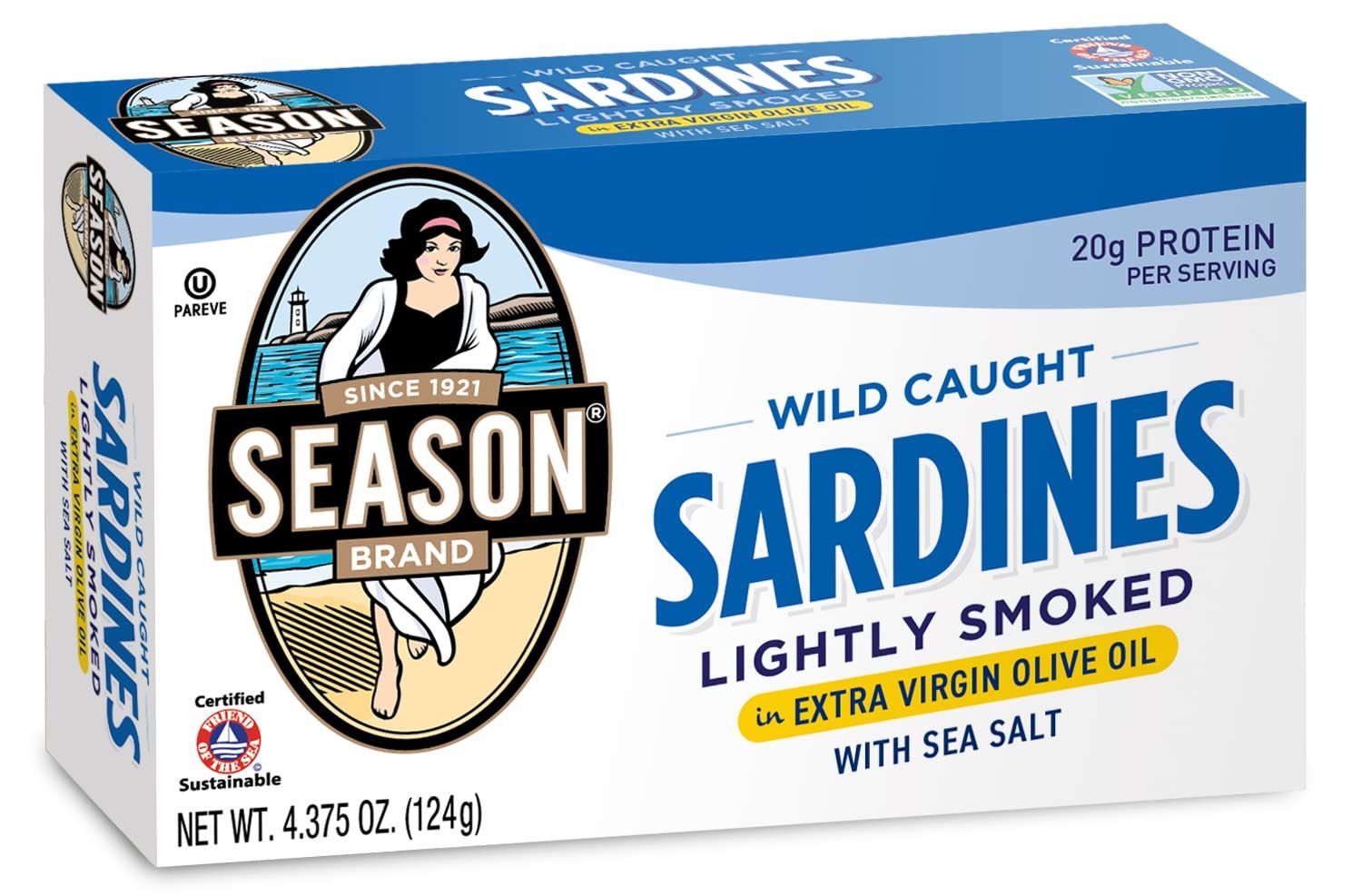 Season Sardines in Extra Virgin Olive Oil - Wild Caught, Lightly Smoked, 21g of Protein, Keto Snacks, More Omega 3&#39;s Than Tuna, Kosher, High in Calcium, Canned Sardines - 4.37 Oz Tins, 12-Pack