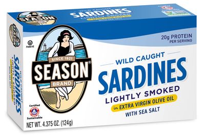 Season Sardines in Extra Virgin Olive Oil - Wild Caught, Lightly Smoked, 21g of Protein, Keto Snacks, More Omega 3&#39;s Than Tuna, Kosher, High in Calcium, Canned Sardines - 4.37 Oz Tins, 12-Pack