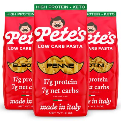 Pete&#39;s Pasta Variety Penne, Rotini, Elbow Macaroni  17g High Protein Pasta  7g Low Carb Keto Pasta  Healthy, Italian Pasta From Italy  3-Pack, 8oz