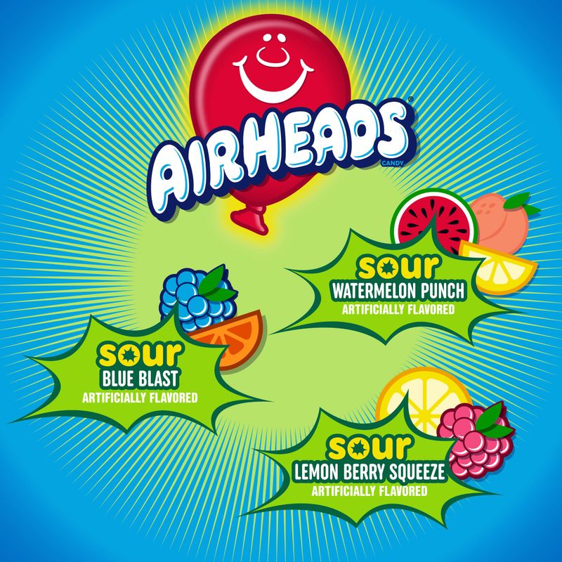 Airheads Mini SOURS Candy Bars, Sour Watermelon Punch, Blue Blast, and Lemon Berry Squeeze 12oz Variety Bag