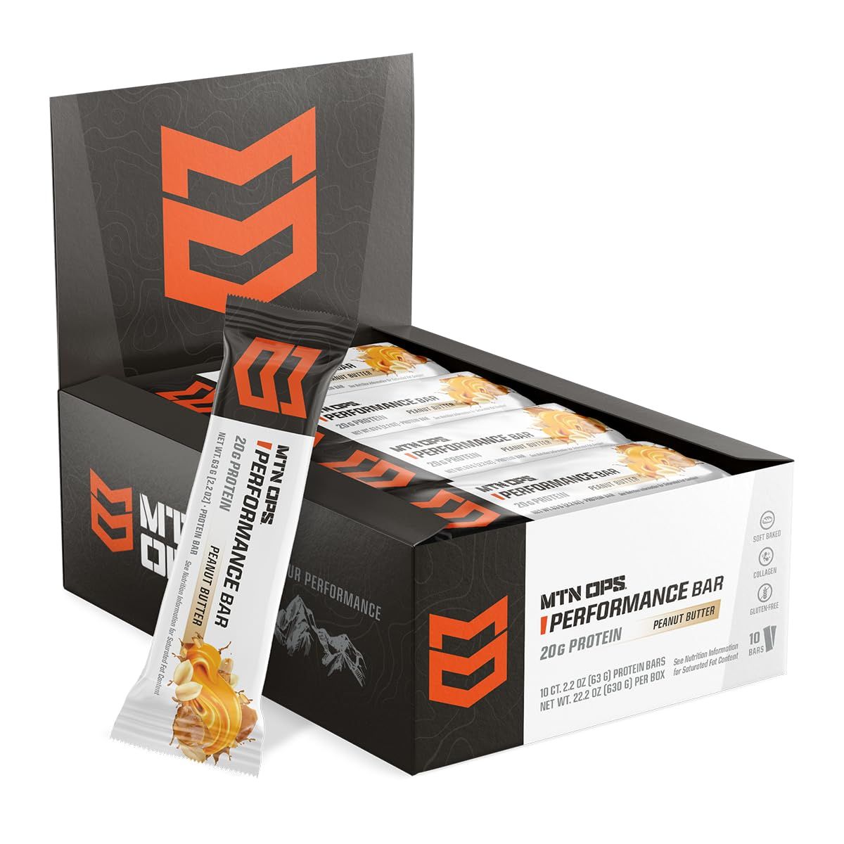 MTN OPS Peanut Butter Bliss Protein Bars, High Protein with Whey Isolate &amp; Whey Concentrate and Collagen, Low Sugar, Gluten Free, 10 Count