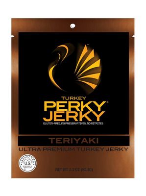 Perky Jerky Tasty Teriyaki Turkey Jerky, 2.2oz bag - Low Sodium - 10g Protein per Serving - Low Fat - 100% U.S. Sourced - Tender Texture