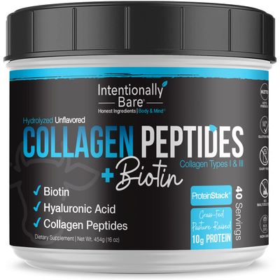 Intentionally Bare Collagen Powder Unflavored - Collagen Peptides Powder with Biotin &amp; Hyaluronic Acid - Non-GMO &amp; Grass Fed Collagen Protein Powder with 10g Protein - Keto Collagen Powder 40 Servings