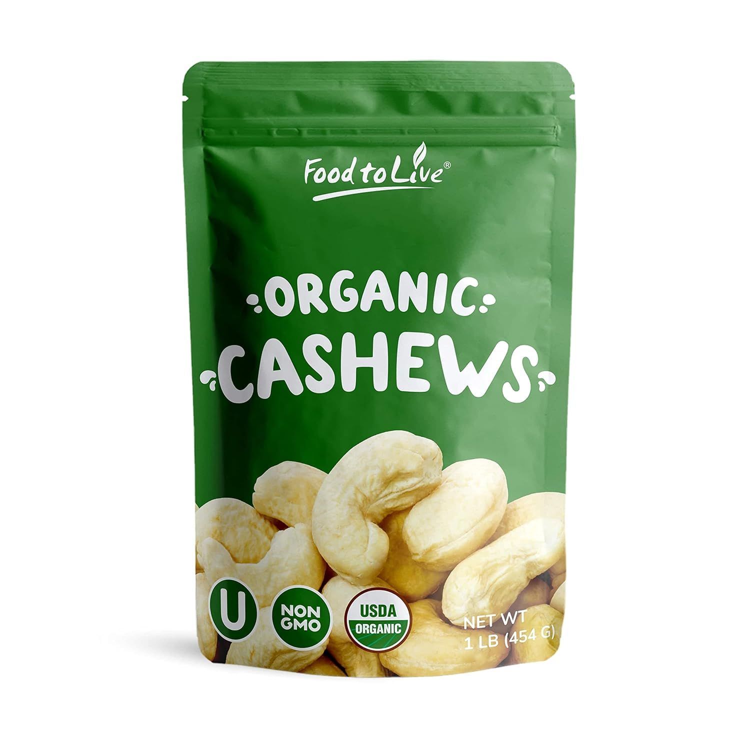 Food to Live Organic Cashews, 1 Pound - Whole, Size W-240, Unsalted, Non-GMO, Kosher, Raw, Vegan, Bulk