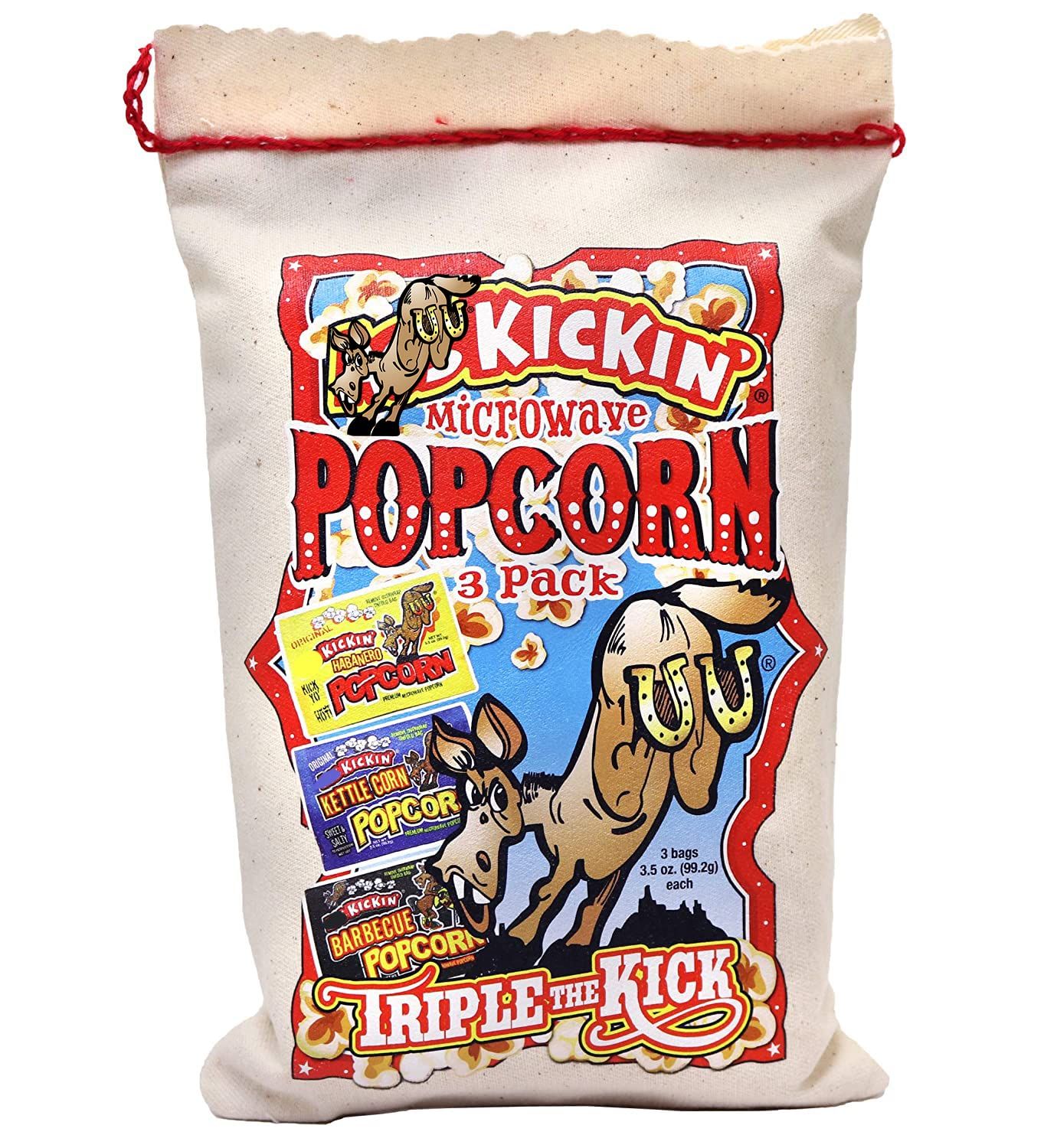 KICKIN Premium Microwave Popcorn - Popcorn Variety Pack (3) in Canvas Bag - Ultimate Sweet and Spicy Gourmet Gift - Makes a Great Movie Theater Popcorn or Snack Food for Movie Night