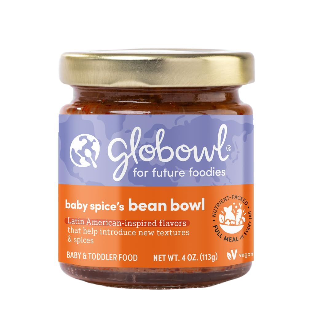 Globowl Stage 3 Baby Food &amp; Toddler Meals, 6 Months Early Allergen Introduction, Baby Led Weaning, International Whole Food Snacks for Toddlers, Babies, 4 oz Glass Jar, Baby Spice&#39;s Bean Bowl