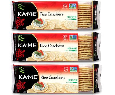 KA-ME Sesame Rice Crackers 3.5 oz, Authentic Asian Ingredients, Certified Gluten-Free, No Artificial Flavors/Colors, Non GMO - (3 Pack)