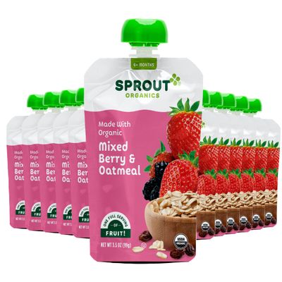 Sprout Organics, Mixed Berry &amp; Oatmeal, 6 Month Pouches, 3.5 oz (Pack of 12)