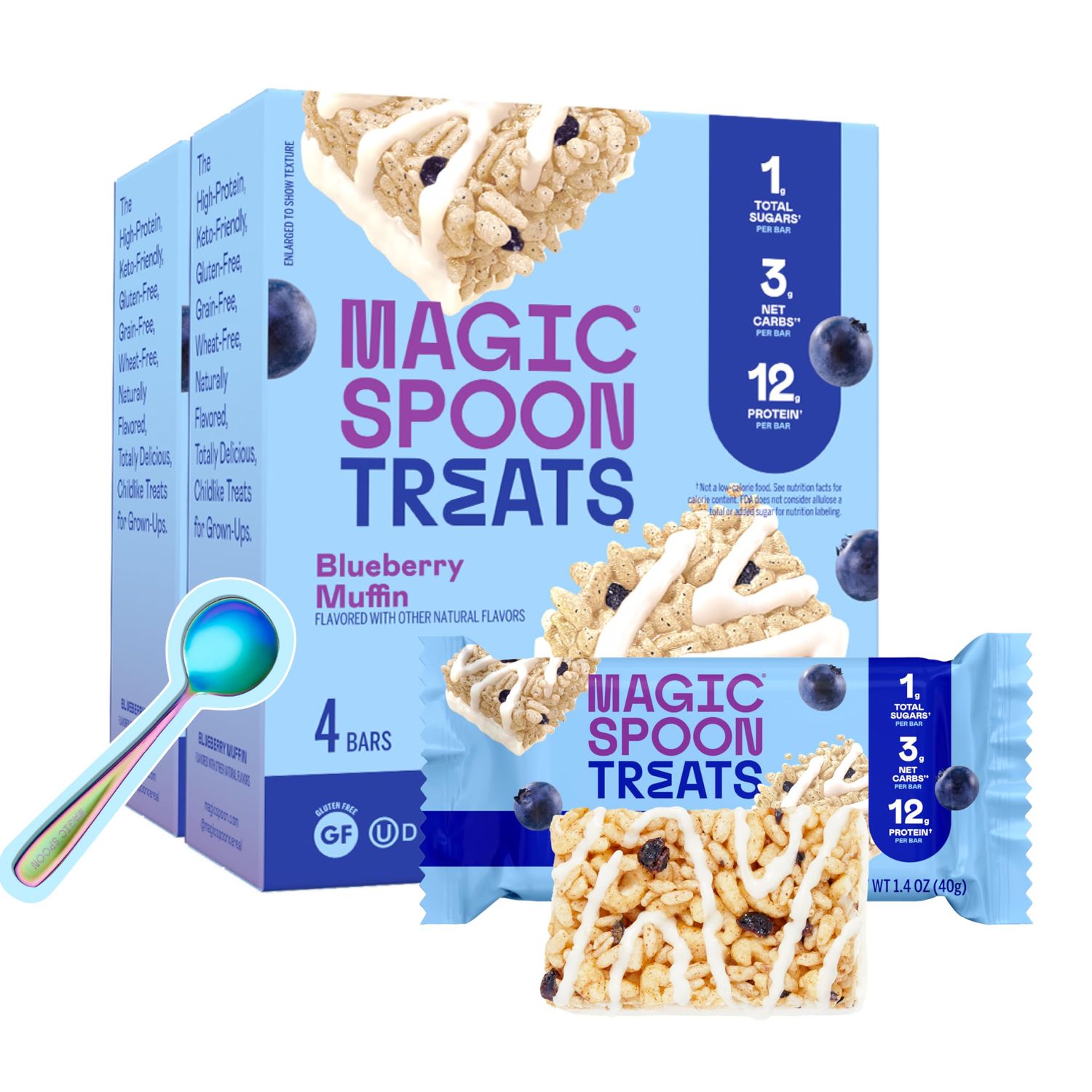 MAGIC SPOON Treats and Spoon - High Protein, Low Carb, Keto Friendly, Low Sugar, Gluten Free, Crispy Protein Bar Cereal Bar, On-The-Go Healthy Snack (Blueberry Muffin, 8 Bars)