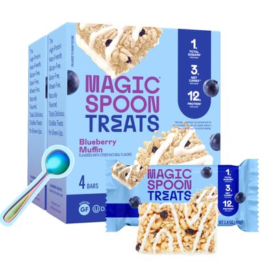 MAGIC SPOON Treats and Spoon - High Protein, Low Carb, Keto Friendly, Low Sugar, Gluten Free, Crispy Protein Bar Cereal Bar, On-The-Go Healthy Snack (Blueberry Muffin, 8 Bars)