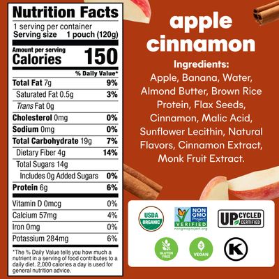 Noka Superfood Fruit Smoothie Pouches, Organic Applesauce Pouches with Apple, Cinnamon & Almond Butter, Healthy Snacks with Organic Fruits, Plant Protein, Fiber & Flax Seed, 4.22 oz (Pack of 6)