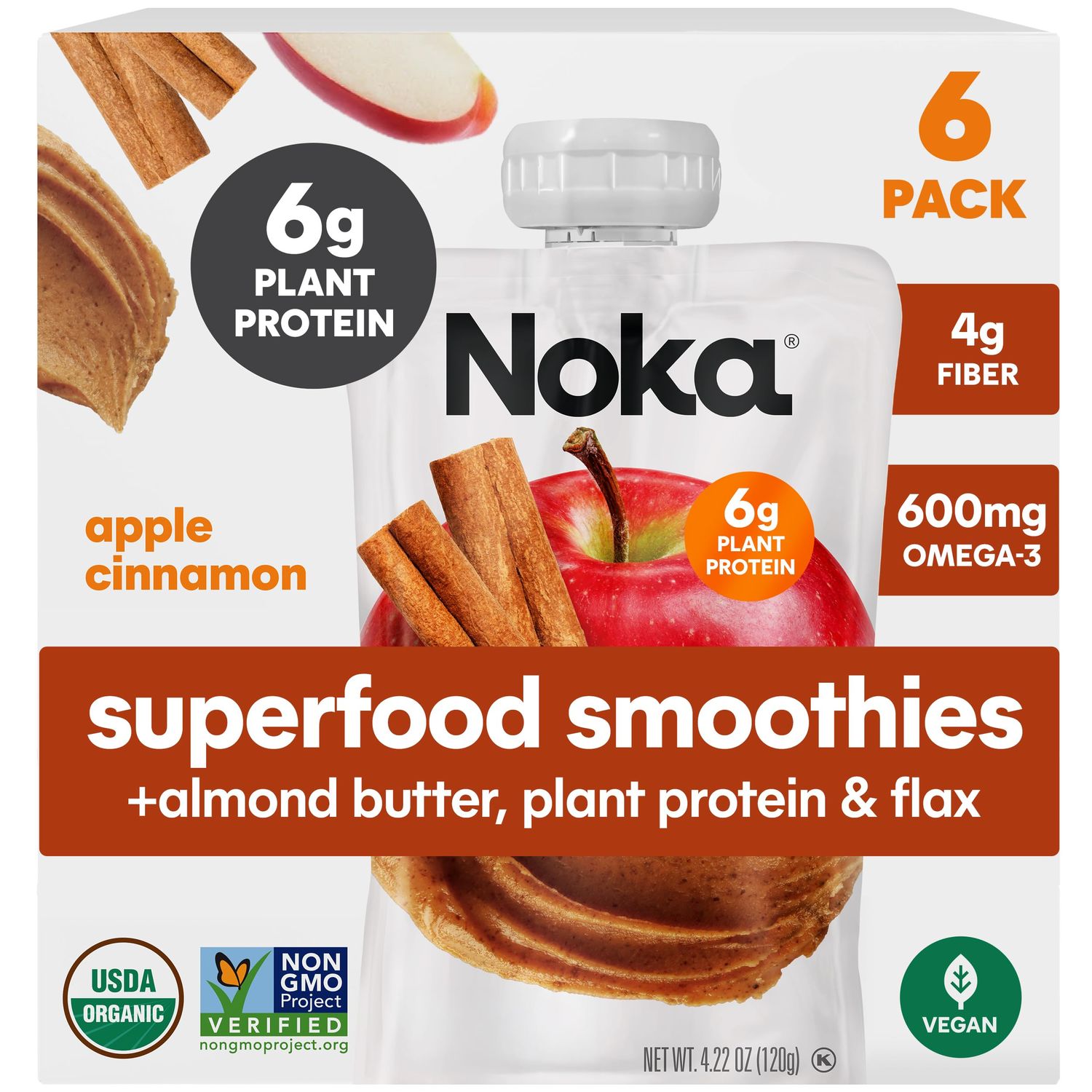 Noka Superfood Fruit Smoothie Pouches, Organic Applesauce Pouches with Apple, Cinnamon &amp; Almond Butter, Healthy Snacks with Organic Fruits, Plant Protein, Fiber &amp; Flax Seed, 4.22 oz (Pack of 6)