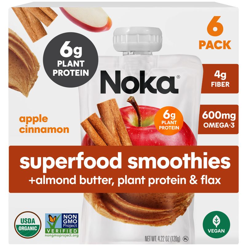 Noka Superfood Fruit Smoothie Pouches, Organic Applesauce Pouches with Apple, Cinnamon &amp; Almond Butter, Healthy Snacks with Organic Fruits, Plant Protein, Fiber &amp; Flax Seed, 4.22 oz (Pack of 6)