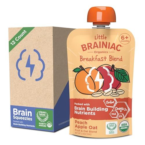 Little Brainiac Breakfast Blend Organic Fruit &amp; Oat Toddler Pouches, Peach Apple Oat with Omega-3s DHA/EPA and Choline, Clean Label, BPA-Free, Non-GMO, 3.5 oz, Pack of 12