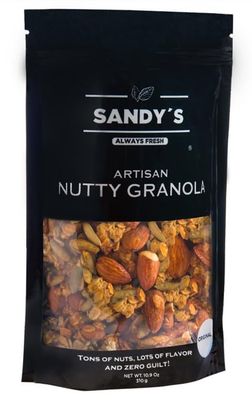 Sandy&#39;s Nutty Granola, 10.9 oz, Healthy Breakfast Almond and Oat Cereal, Made with Almonds, Walnuts, Pumpkin Seeds and Oats, Vanilla Flavor Clusters, Maple Granola Snacks