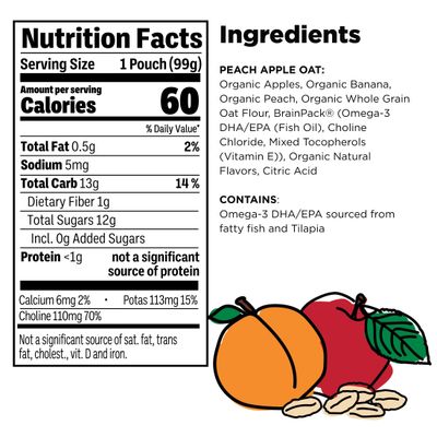 Little Brainiac Breakfast Blend Organic Fruit &amp; Oat Toddler Pouches, Peach Apple Oat with Omega-3s DHA/EPA and Choline, Clean Label, BPA-Free, Non-GMO, 3.5 oz, Pack of 12