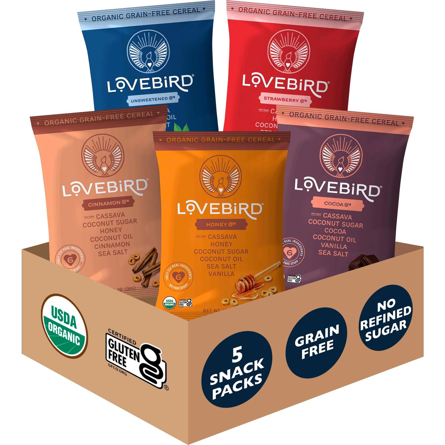 Lovebird Healthy Cereal That Actually Tastes Good - Organic, Grain Free, Gluten Free Cereal, Paleo AIP, Keto Friendly No Refined Sugar Healthy Snacks for Kids, Adults - Sampler Pack