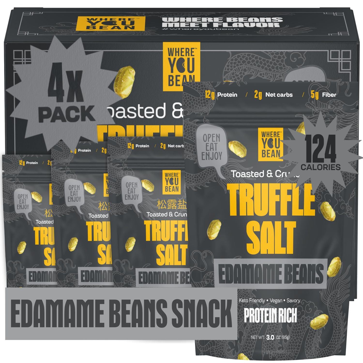 Where You Bean Edamame Beans Snack (Truffle Salt) - Crunchy and Dry Roasted Edamame Beans - High Protein Snacks, Keto and Vegan Healthy Snacks for Adults &amp; Low Carb Asian Snack 3oz (Pack of 4)