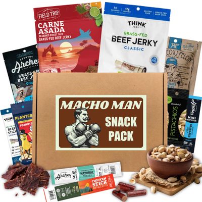 Macho Man Snack Pack Jerky Gift Box - High Protein Snacks for Men, Curated Beef Jerky Assortment Valentine&#39;s Gift Basket for Men, Husband, Dad, Boyfriend, Low Carb Keto