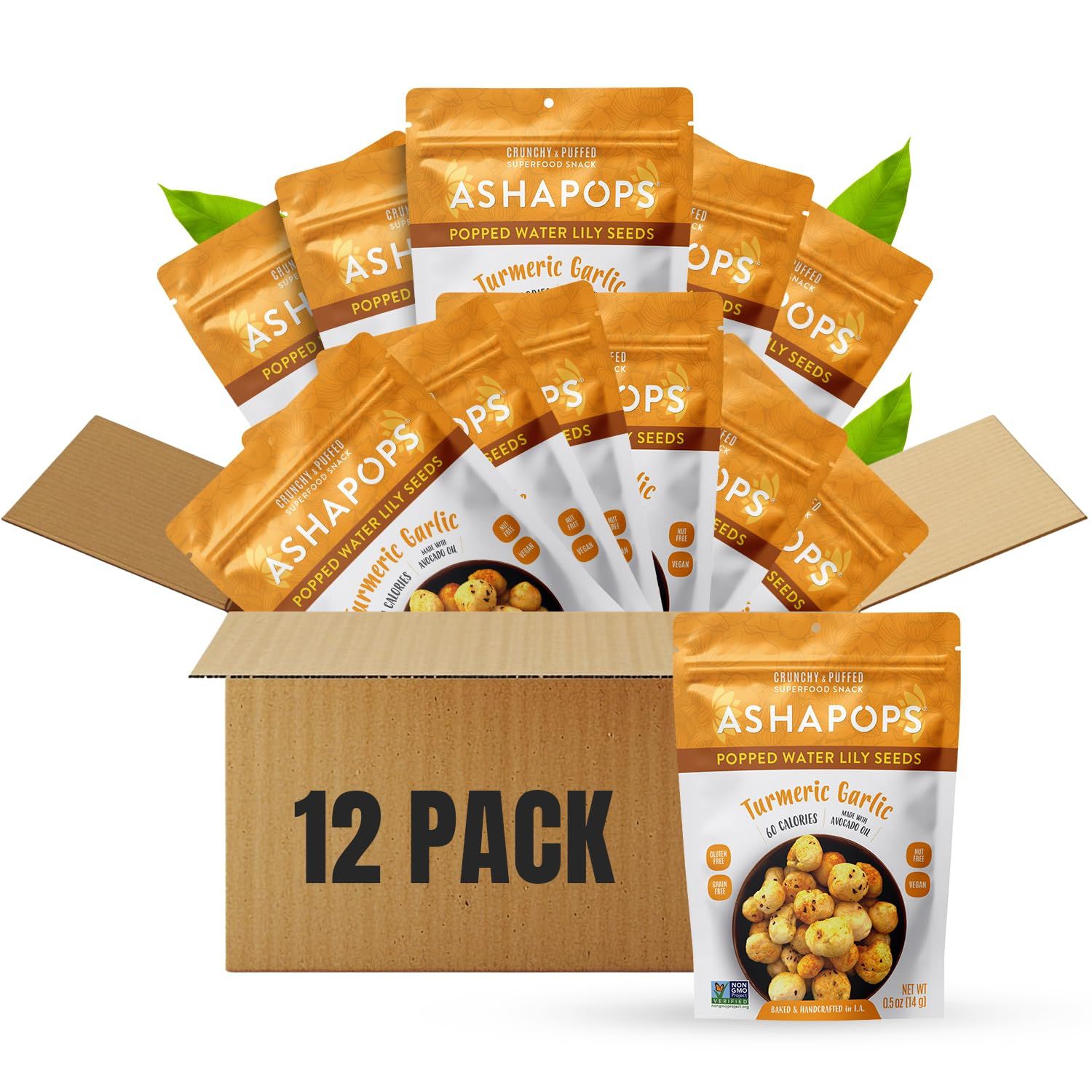 AshaPops Turmeric Garlic Flavored Popped Water Lily Seeds, 0.5 oz (Pack of 12) - Gluten-Free, Vegan, Paleo, Nut-Free, Corn-Free, Soy-Free, Non-GMO, Delicious Plant-Based Crunchy Snack