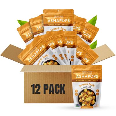 AshaPops Turmeric Garlic Flavored Popped Water Lily Seeds, 0.5 oz (Pack of 12) - Gluten-Free, Vegan, Paleo, Nut-Free, Corn-Free, Soy-Free, Non-GMO, Delicious Plant-Based Crunchy Snack