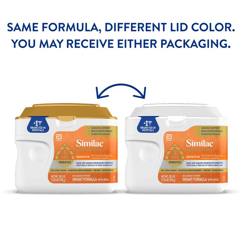 Similac 360 Total Care Sensitive Infant Formula for Fussiness &amp; Gas Due to Lactose Sensitivity, Has 5 HMO Prebiotics, Non-GMO, Baby Formula Powder, 20.1-oz Tub